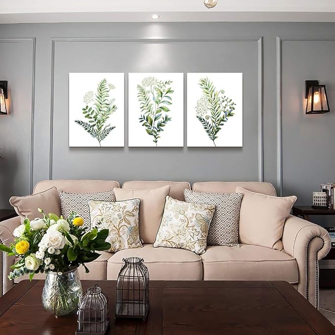 3 Pieces Framed Wall Art for Living Room Bathroom Wall Decorations Kitchen Wall decor Canvas Print decor modern Simple Bedroom Home Decoration Green leaves Poster wall paintings