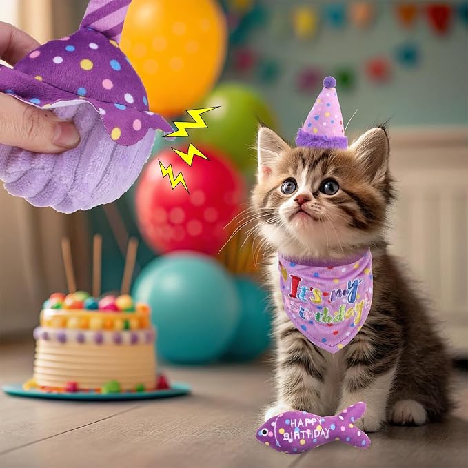 BINGPET Cat Birthday Catnip Toys for Indoor Cats,Cat Birthday Hat,Bandana and Cat Birthday Cake Interactive Plush Kitten Chew Toys,Cute Fish,Balloon Toys with Crinkle Paper and Catnip Inside(Purple)