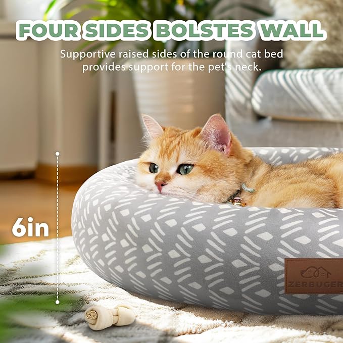 Cat Bed, 20In Dog Beds for Small Dogs, Calming Cat & Dog Beds for Indoor Pets, Pet Beds Comfortable Donut Round Ultra Soft (Grey Pattern, 20.0" L x 20.0" W x 6.5" Th)