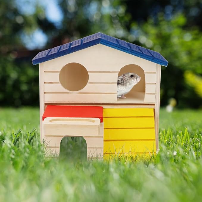 Hypeety Wooden Hamster House Maze Villa Cage for Dwarf Hamsters Gerbils Small Pets Exercise Climbing Toy Platform Multi-Level Hideout 6.1x2.95x5.9inch Blue