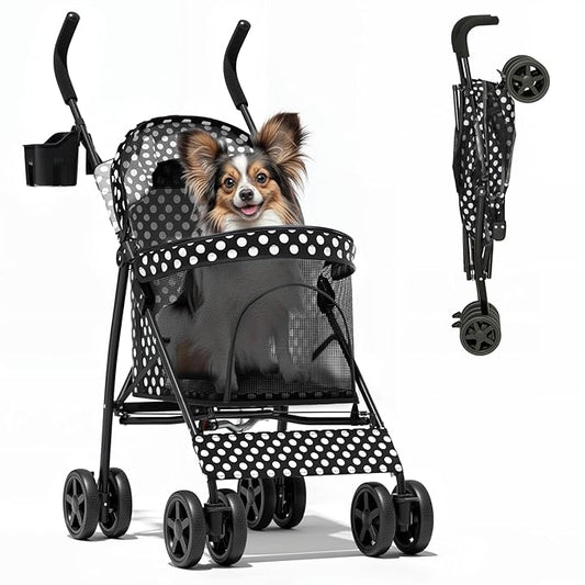 Magshion Compact Pet Stroller for Small-Medium Dogs/Cats up to 22lbs, 4-Wheel Lightweight Umbrella Shaped Portable Puppy Travel Jogger with Breathable Mesh, Cup Holder & Rear Storage, Black Polka Dots