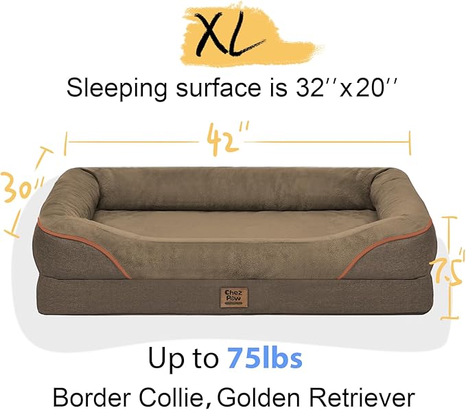 Orthopedic XL Large Dog Bed - Removable Bolster & Waterproof Washable Cover for Pet Big Dogs Bed Extra Large Dog Beds with Foam Support Non-Slip Bottom