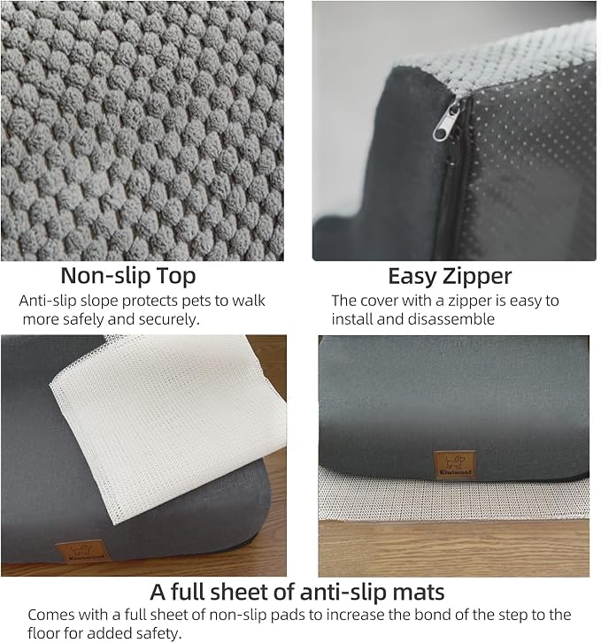 5 Step Pet Stairs Ramp for High Beds Sofas 5-30 Inch with Sturdy Non Slip Waterproof Pads, Machine Washable Cover Indoor Balanced Design for Cats Dogs Small Medium Large XL Pets Grey (Brown, Large, 1)
