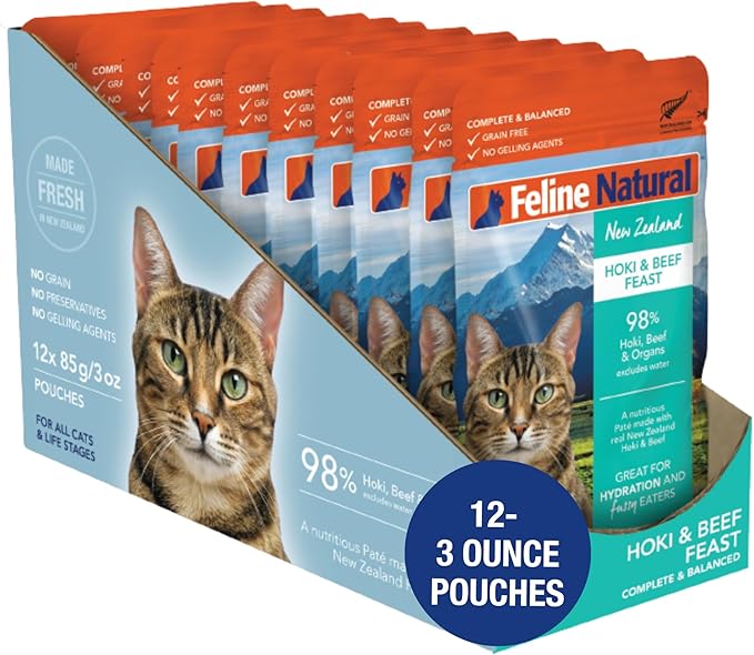 Feline Natural Wet Cat Food Pouch - Hoki & Beef Feast, Grain-Free, Grass-Fed & Sustainably Sourced Wet Food for Cats - Made in New Zealand, 3oz Pate, 12 Count Pack