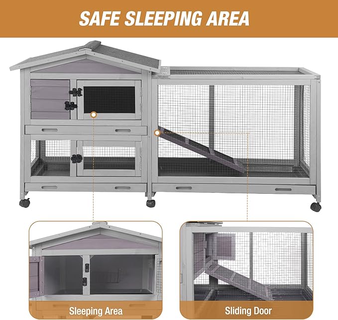 Bunny Cage Indoor and Outdoor Rabbit Hutch with Casters Waterproof Roof, Pull Out Tray from Back and Front 61.2" L x 22.6" W x 33.5" H