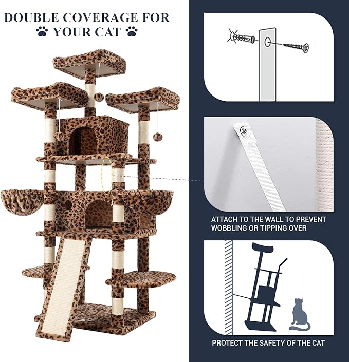 Allewie 68 Inches Cat Tree/House and Towers for Big Feline/Scratching Post/Multi-Level Large Kitty Climbing Tree with Condo/Leopard Print