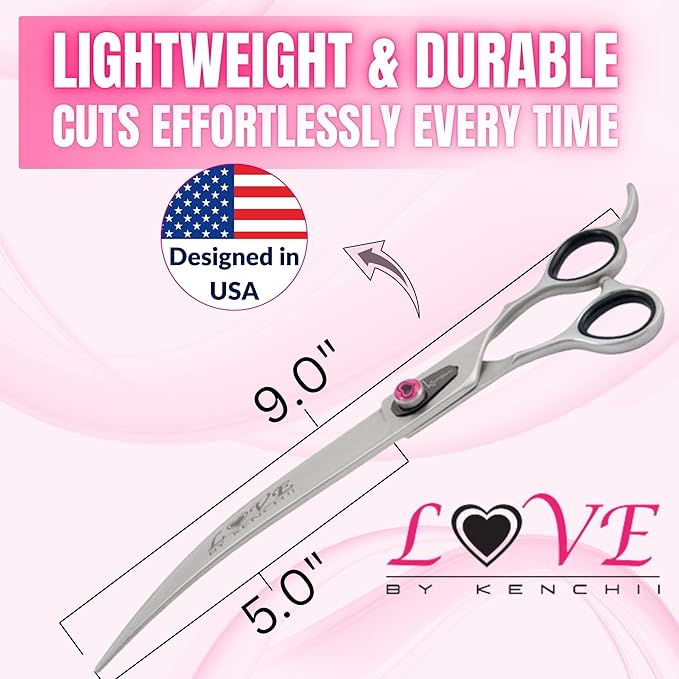 Kenchii Love Dog Grooming Scissors, 9 Inch Curved Shears, Dog Scissors for Grooming, Professional Pet Grooming Scissors