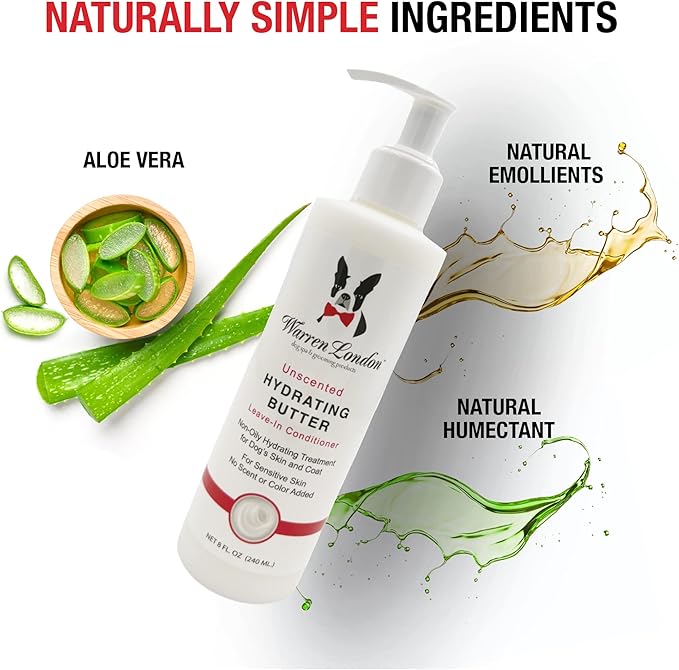 Warren London Hydrating Butter Leave in Pet Conditioner for Dogs | Lotion for Skin and Coat | Aloe Puppy & Dog Conditioner for Hair Detangler, Dry Skin, & Dandruff | Unscented 8oz
