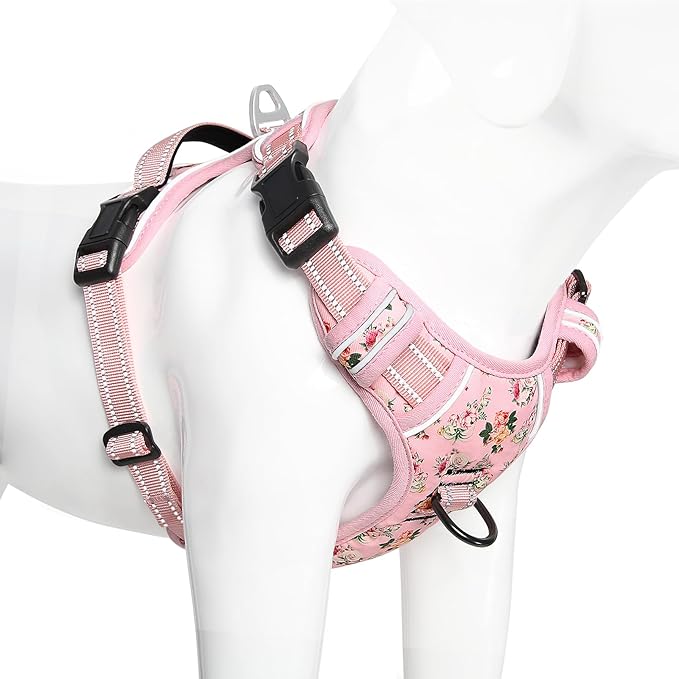 Timos No Pull Dog Harness,NO Need Go Over Dogs Head 3 Snap Buckles Reflective Oxford No Choke Harness with Front & Back 2 Metal Leash Clips Soft Padded for Small Medium Large Dogs Pink S