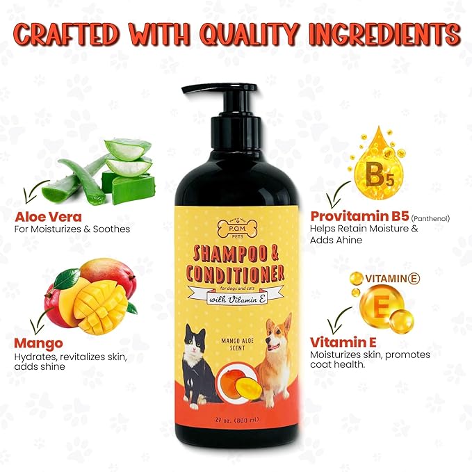 POM Pets 2-in-1 Organic Dog Shampoo & Conditioner – Itchy Skin Relief, Dog Deshedding, Detangles Fur, Cat Shampoo, Paw Cleaner for Dogs, Natural Coat Defense Formula