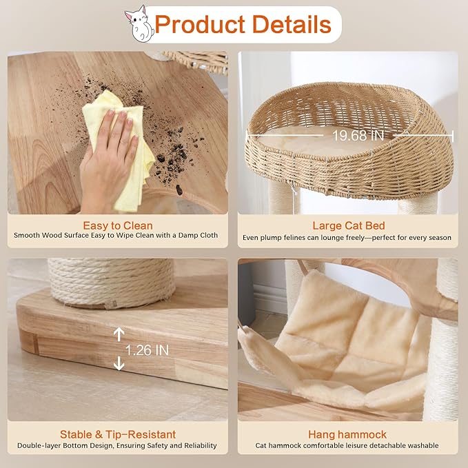 Wooden Cat Tree for Indoor Cats, 62-Inch Tall Cat Tower with Scratching Post for Large Cats, Solid Wood Cat Condo with Handwoven Basket, Modern Cat Tree Tower with Hammock, Easy to Clean