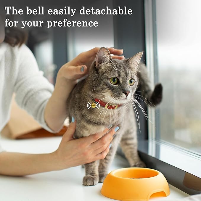 OOPSDOGGY Rolled Leather Cat Collar with Bell - Reflective Kitten Collar with Safety Elastic Strap - Adjustable Small Pet Collars for Boy Girl Cats (Camel)