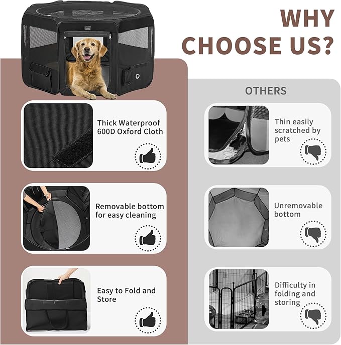 DONORO Dog Playpen Portable Pet Play Pens for Small Dog/Cat/Rabbit/Chicks, Cat Playpen Indoor/Outdoor with Carring Case, Removable Zipper Top and Bottom (Black, Extra Large (55"x55"x30"), 8)