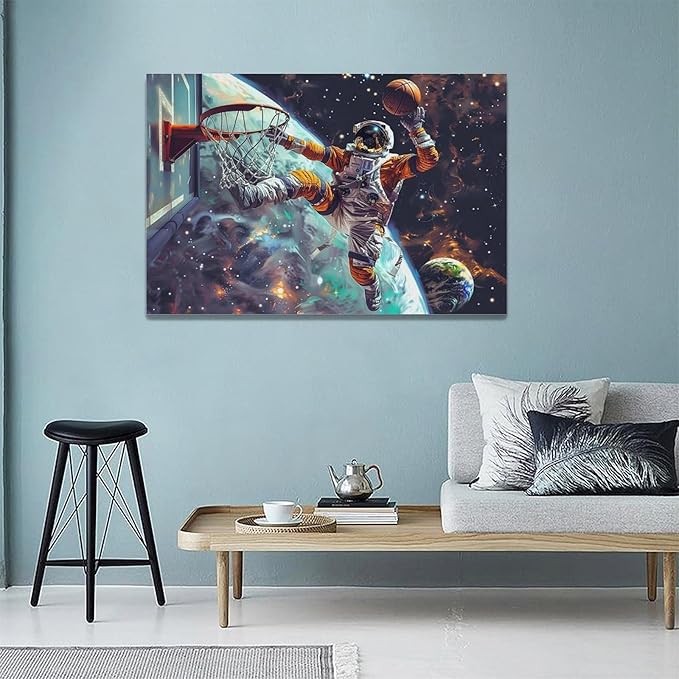 Quorin Astronaut Wall Art Funny Spaceman Basketball Pictures Space Galaxy Planet Wall Decor Canvas Print Painting Artwork for Bathroom Living Room Bedroom 16"x24"