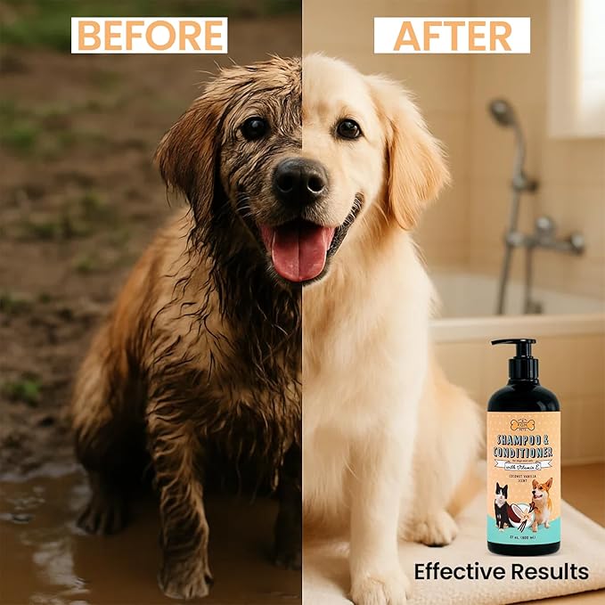 POM Pets 2-in-1 Organic Dog Shampoo & Conditioner – Itchy Skin Relief, Dog Deshedding, Detangles Fur, Cat Shampoo, Paw Cleaner for Dogs, Natural Coat Defense Formula