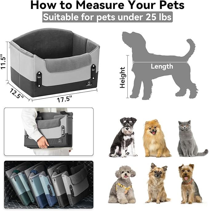 A4Pet Dog Car Seats for Small Dogs, Booster Car Seat with Patent Buckles & Clip-On Safety Leash, Pet Seat for Puppy Small Dogs Cats Under 25 Lbs, Grey