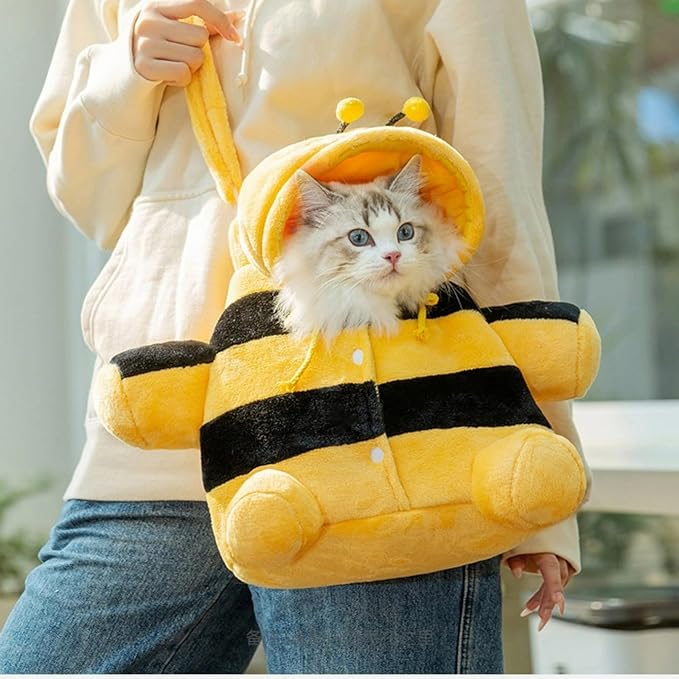 Cat Puppy Costume Winter Warm Outing Backpack Cute Bear Bee Design Anti-Escape Bag for Kitten Cat Small Dog (bee,Small)