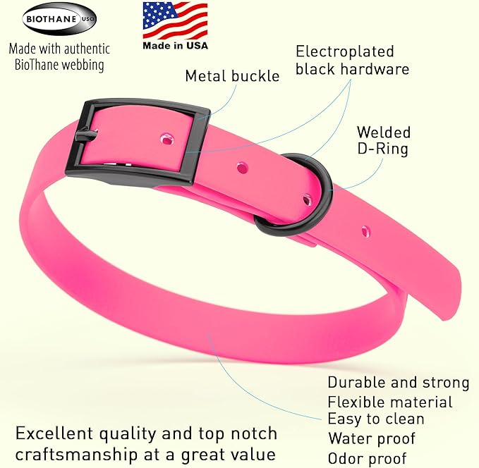 Dogline Biothane Waterproof Dog Collar Strong Coated Nylon Webbing with Black Hardware Odor- Proof for Easy Care Easy to Clean High Performance Fits Small Medium or Large Dogs, Passionfruit Pink