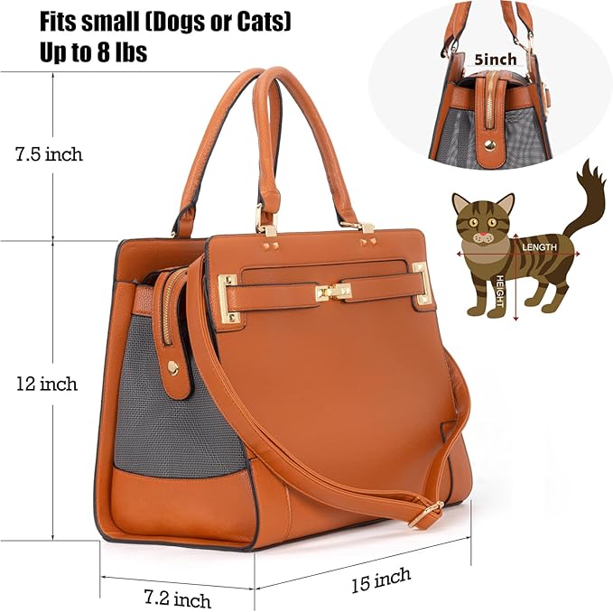 Fashion Pet Carrier Dog Cat Carrier Purse Soft-Sided Leather Handbag Pet Tote Bag for Small Dogs Puppy and Cats TSA Airline Approved (Brown)