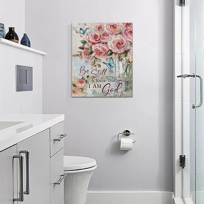 Farmhouse Rose Wall Art Christian Scripture Pictures Pink Rose Wall Decor Rustic Floral Butterfly Canvas Print Painting Artwork for Bathroom Living Room Bedroom 16"x20"