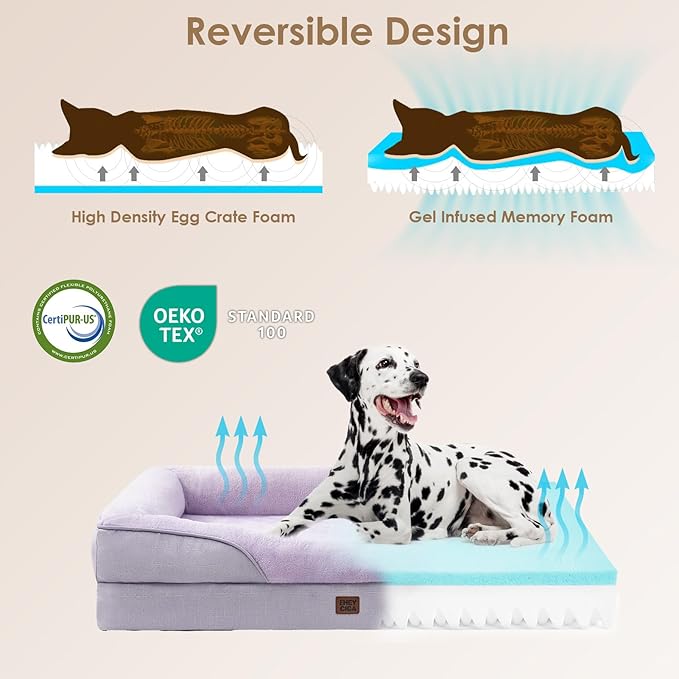 EHEYCIGA Memory Foam Dog Bed for Large Sized, Orthopedic Dog Sofa with Sides and Waterproof Liner, Washable Bolster Pet Couch with Removable Cover, 36x27x7 Inch, Purple