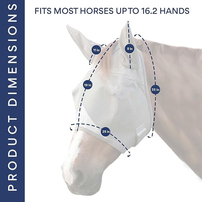Horse Fly Mask with Ears | Built-in Visor | Breathable, Lightweight Mask | 95% UV Eye Protection | Adjustable Fit for Comfort Horse Medium/Large Size
