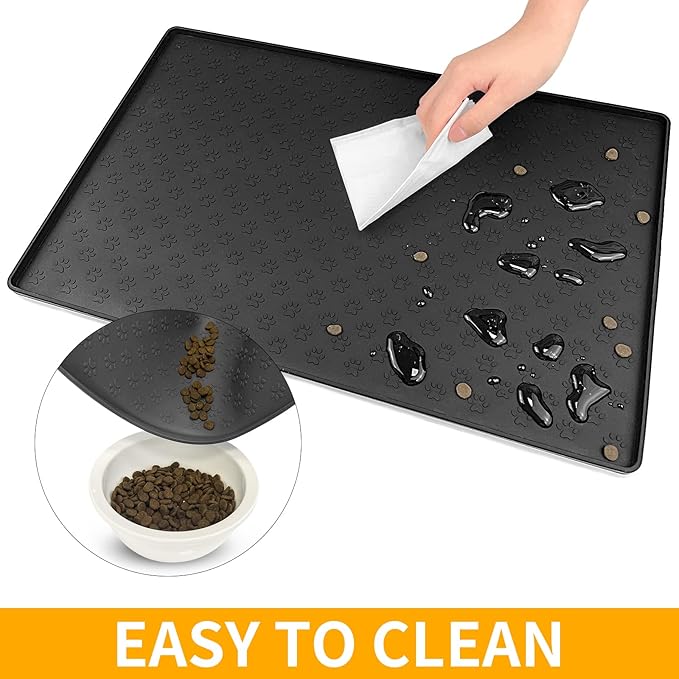 Ptlom Pet Placemat for Dog and Cat, Mat for Prevent Food and Water Overflow, Suitable for Small, Medium and Big Pet,24.5" 16.5", Black