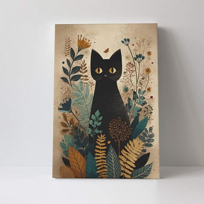 Boho Black Cat Wall Art Kitten Botanical Wall Decor Mid Century Modern Canvas Painting Print Minimalist Pictures Artwork Framed Decorations Gifts for Cat Lover Bathroom Nursery Living Room Bedroom Kitchen 16"x24"