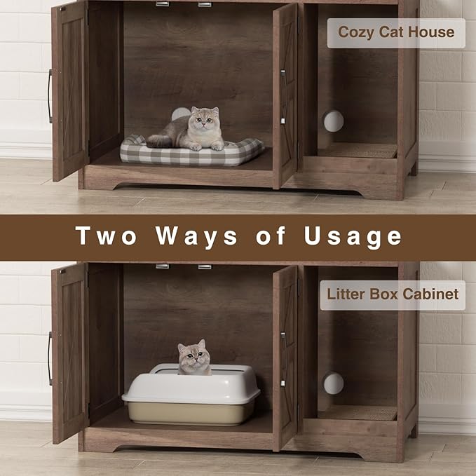 Cat Litter Box Enclosure, Hidden Litter Box Furniture with Scratch Pad, Farmhouse Indoor Cat House Washroom End Table, Retro Brown