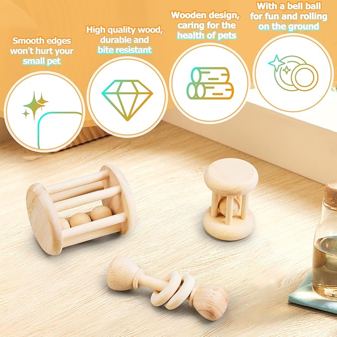 3 Pcs Natural Wooden Bunny Toys, Safe Rabbit Toys for Guinea Pig Chinchillas Hamsters Small Animals Playing Teeth Grinding Indoor Outdoor