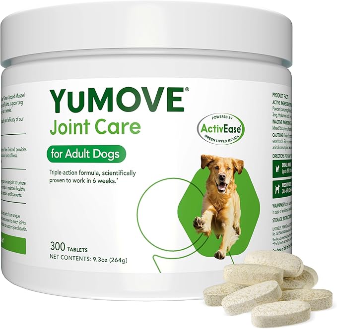 Yumove Hip & Joint Supplement for Dogs with Glucosamine, Hyaluronic Acid, Green Lipped Mussel & Omega 3 Joint Supplement - Regular and Advanced Strength (300ct, Chewable Tablets)