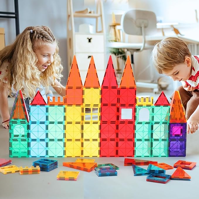 32-Pack Magnetic Tiles–Rainbow Builder Set, 2.95in STEM Construction Kit with Transparent Windows, Expand Creative Play for Kids