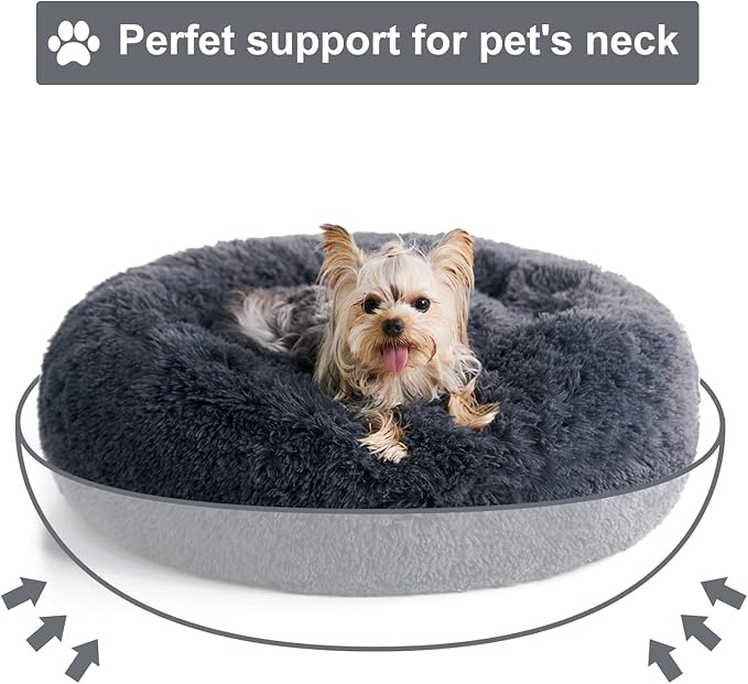 WNPETHOME Calming Dog Beds for Large Dogs, Anti-Anxiety Donut Large Pet Bed, Fluffy Faux Fur Plush Dog Bed，Warming Cozy Soft Round Pet Bed for Jumbo Dogs, Cat Cuddler Cushion Bed