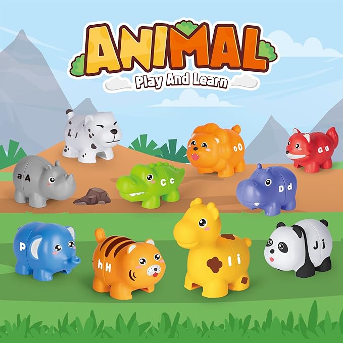 Learning Toys for 2 3 4 Year Old, 52 Pcs ABC Animal Alphabet Match Game with Uppercase Lowercase, 10 Different Animal Figures, Preschool Activities Montessori Fine Motor Toys for Toddlers Kids