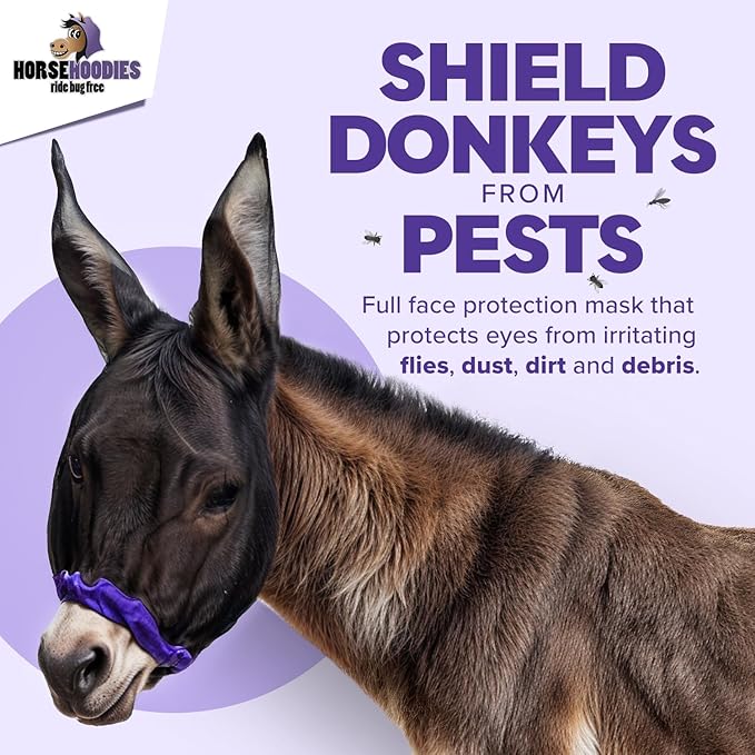 Donkey Fly Mask with Long Ears (Purple) Half Hoodie for Standard Donkey, Made in USA - Mule Fly Mask with Ears Protection from Insects and Bugs, Face Cover Soft Mesh Fabric with Adjustable Fastener