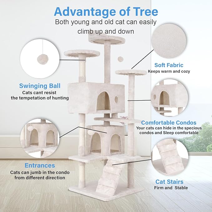 FDW Cat Tree 54in Cat Tower Multi-Level Durable Cat Scratching Post & Cozy Fun Cat Jumping Platform Space Saving Cat Condo Pet Play House for Indoor Cats,Beige