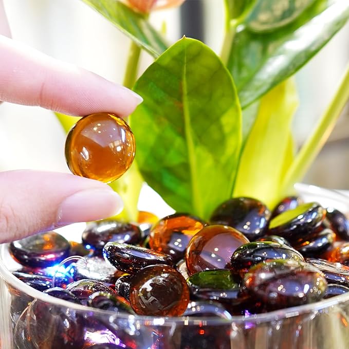 10LB Amber Flat Glass Marbles for Vases, Gemstone Beads Vase Filler Decorative Glass Pebbles for Fish Tank, DIY Crafts, Autumn Centerpieces, Aquarium Decor Rocks