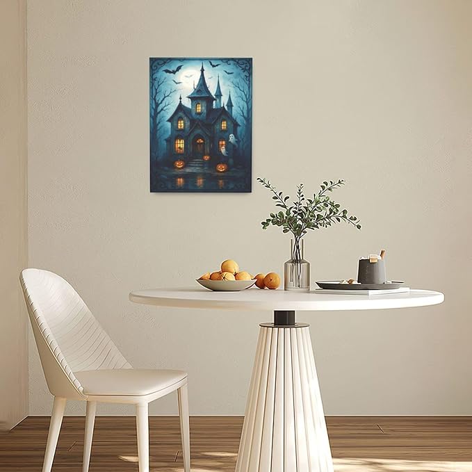 Halloween Gothic Wall Art Castle Pumpkin Ghost Bat Canvas Wall Decor Dark Academia Pictures Painting Print Framed Artwork Decorations Gifts for Halloween Living Room Bedroom Office 12"x16"