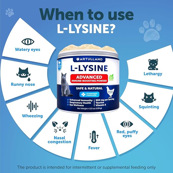 L-Lysine for Cats - Lysine Powder Supplement - 900mg/serving - Immune Support for Cats & Kittens - Sneezing, Runny Nose, Squinting, Watery Eyes, Cold, Eye Function, Respiratory Health - with Taurine