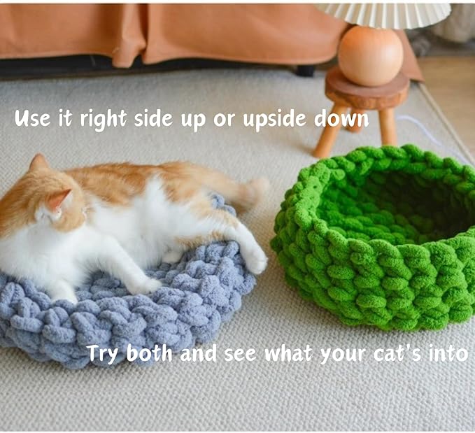Cat Nest Bed – Premium Handwoven Washable Extra Soft Round Cave House for Indoor Kitten & Kitty, Small & Large (Grayish Blue,Large)