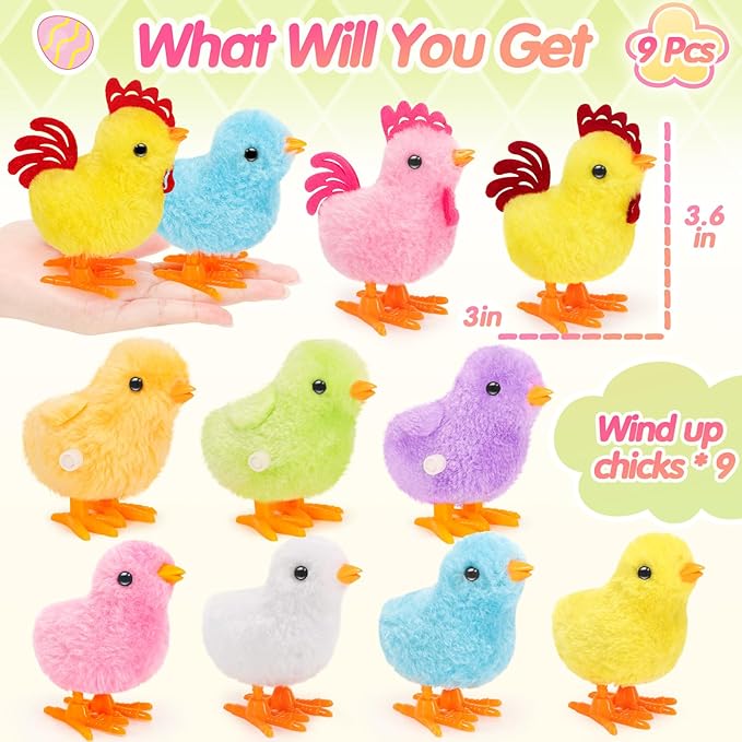SevenQ Wind Up Toys for Kids Easter Basket Stuffers, 9Pcs Jumping Plush Chicks Small Fidget Toys for Easter Egg Hunt Treasure Box Classroom Prizes Party Favors Goodie Bags Fillers Gifts
