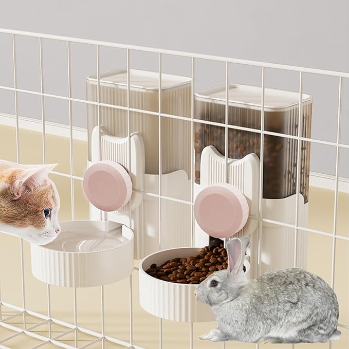 kathson Rabbit Gravity Auto Feeder Set 35oz Hanging Automatic Food Water Dispenser Cage Automatic Feeder Set for Rabbit Chinchilla Guinea Pig Hedgehog Ferret Kitty Puppy (Pink)