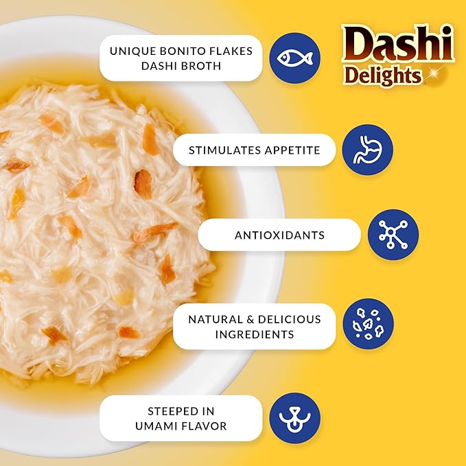 INABA Dashi Delights for Cats, Shredded Chicken with Bonito Flake Broth, 2.5 Ounce Cup, 12 Cups Total, Chicken Variety