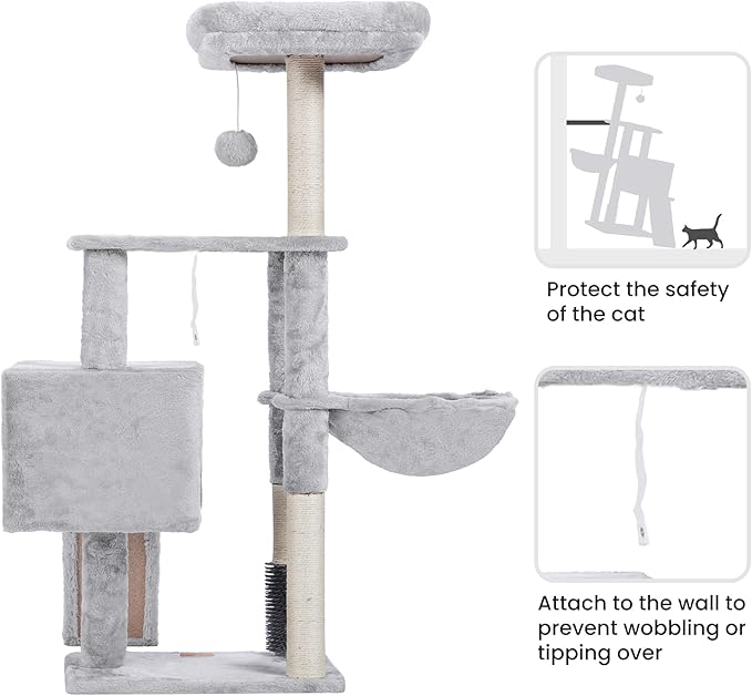 Heybly Cat Tree with Cat Self Groomer Brush, Cat Tower Condo for Indoor Cats with Padded Plush Perch, Cat House with Basket Scratching Board Post, Light Gray HCT005SW