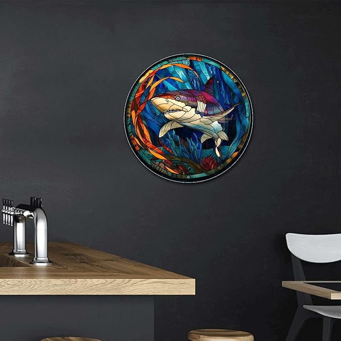 Lygond Metal Shark Tin Sign - Stained Glass Style, 8x8 Inches