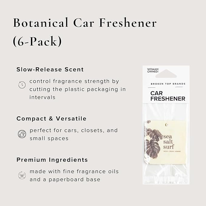 Broken Top Botanical Car Air Freshener Variety Pack, 6 Pack (2 Coconut Sandalwood, 2 Saguaro Cactus, 2 Sea Salt Surf)