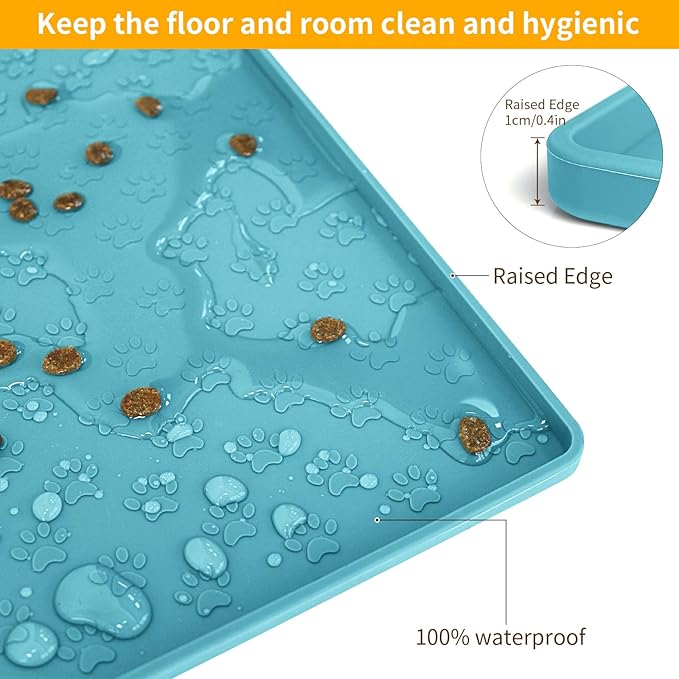 Ptlom Dog Food Mat Anti-Slip Pet Bowl Mats for Food and Water, High-Lips Pet Placemat Prevent Messy Spills to Floor, Waterproof Puppy Feeding Tray for Small, Medium Large Dogs Cats, Silicone