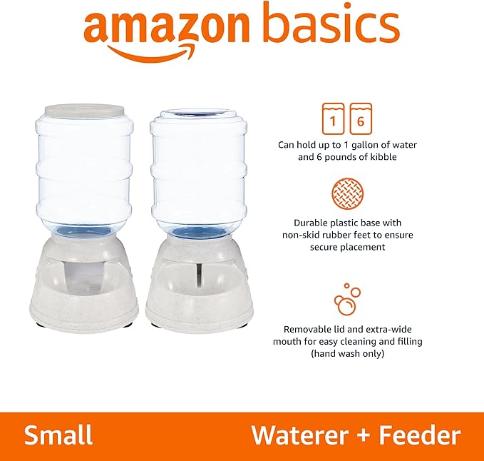 Amazon Basics Automatic Dog Cat Water Dispenser Gravity Feeder Set, Pack of 2, Small, 6-Pound Food Capacity, 1-Gallon, Gray