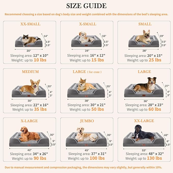 Comfort Expression Large Dog Beds Waterproof Orthopedic Foam Dog Beds for Large Dogs Sofa Comfy Pet Bed with Washable Removable Cover & Non-Slip Bottom(Grey)