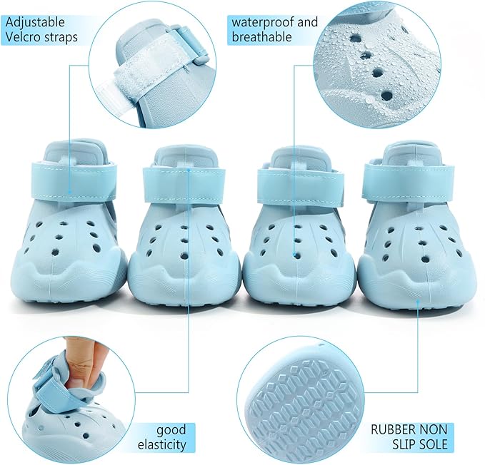 Dog Shoes, Dog Sandals for Hot Pavement, Non-Slip Waterproof Dog Booties for Winter Snowy Day and Summer, Adjustable Straps Easy-Clean Beach Outdoor Pet Boots Rugged Sole-4Pcs Blue